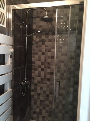 Combined shower/tub, hair dryer, towels, toilet paper