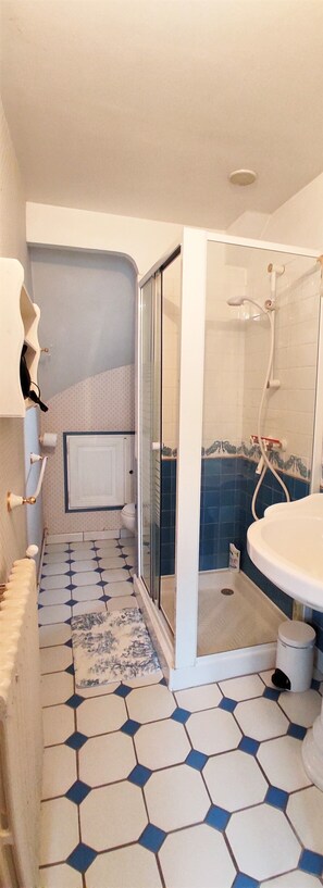 Bathtub, hair dryer, soap, toilet paper