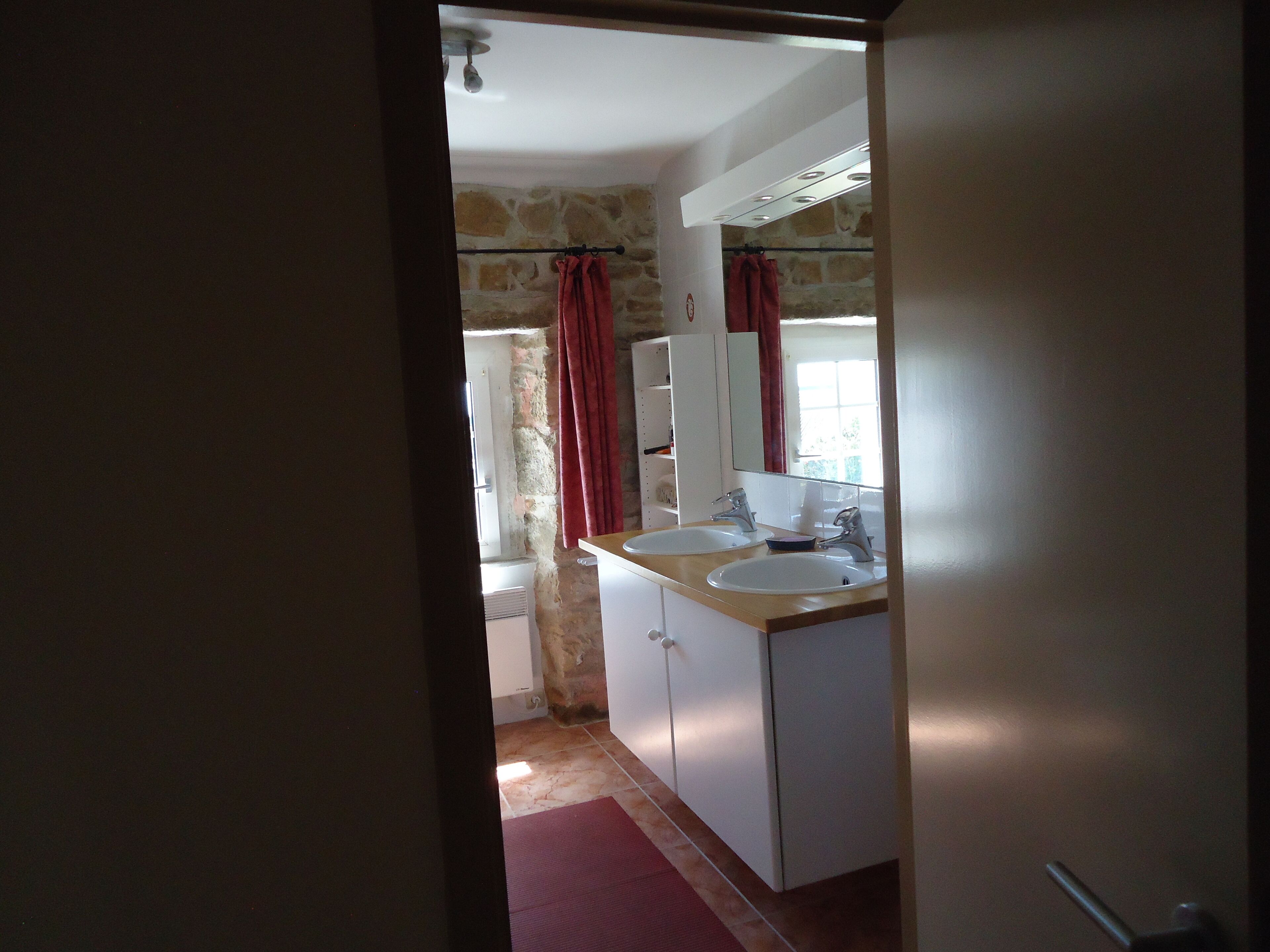 A bathroom with two sinks, a mirror, and a shower area.
