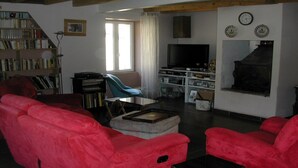 A living room with red sofas, a blue chair, a fireplace, a TV, and a bookshelf. - Country house Bedroom B (Lasgraisses)