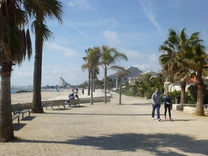Una playa arenosa con palmeras, bancos y algunas personas.