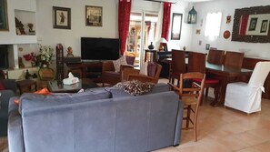 Smart TV, fireplace, DVD player, books