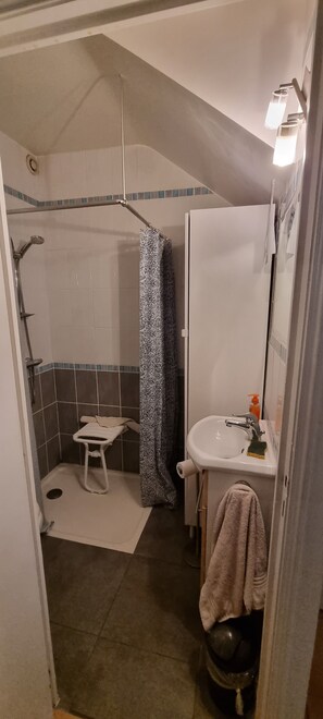 Un baño con ducha, inodoro y lavabo.