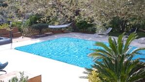 Une piscine rectangulaire à l’eau d’un bleu cristallin, entourée d’une terrasse en bois et agrémentée de diverses plantes.