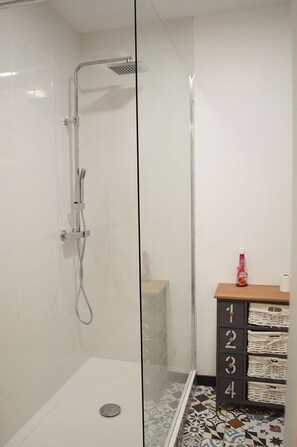 Regadera, secadora de cabello, toallas, shampoo 