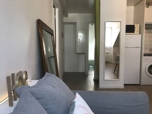 Un salon moderne avec un canapé gris, un grand miroir et un coin cuisine équipé d’un four à micro-ondes et d’un lave-linge.