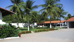 Een resort met palmbomen, een overdekt gedeelte en een grindpad.