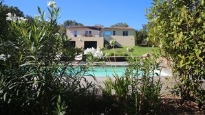Una casa circondata da vegetazione e alberi, con una piscina.