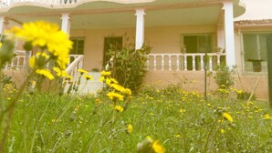 Un edificio con un portico coperto e un giardino con fiori gialli in primo piano.
