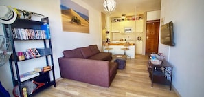 Smart TV, DVD player, books, music library