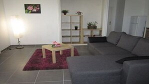 A living room with a grey sofa, a small wooden table with a vase, a bookshelf, and a red rug.