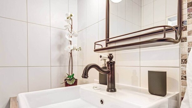 Une salle de bain avec un lavabo blanc, un robinet moderne, une petite plante en pot et un miroir doté d’une étagère en métal.
