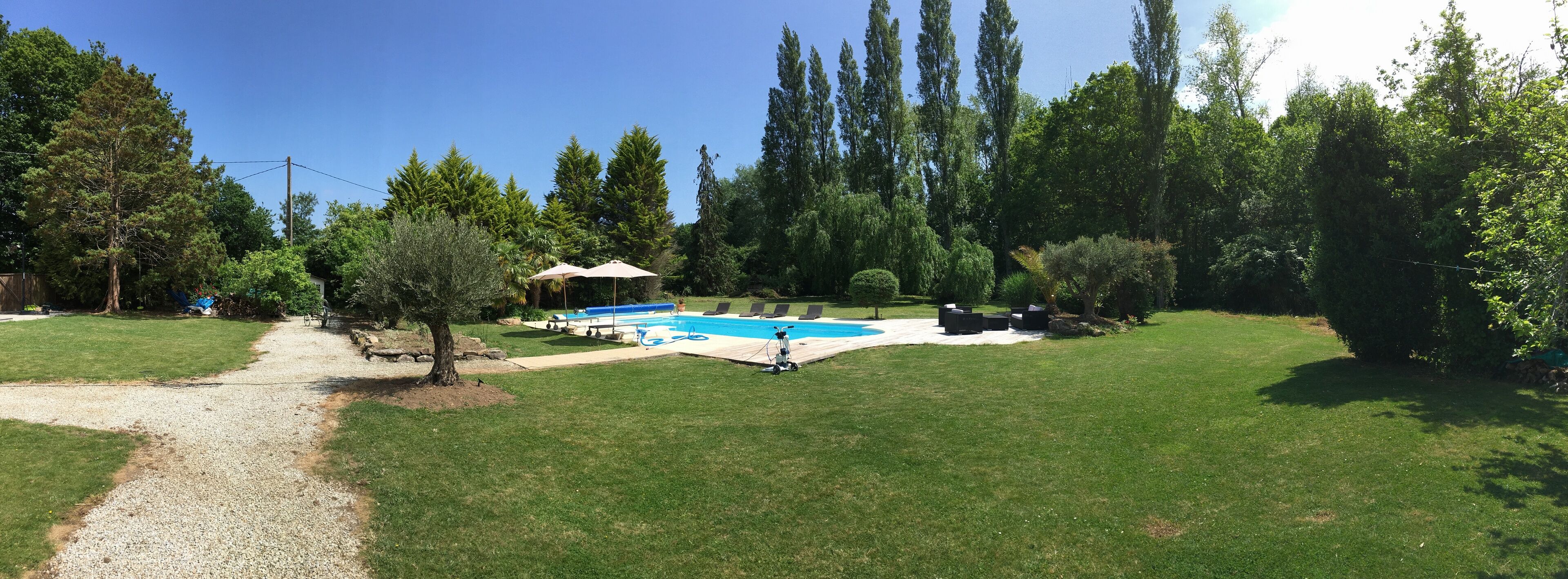 Ein Garten mit Pool, einem Pavillon und einem gepflegten Rasen.