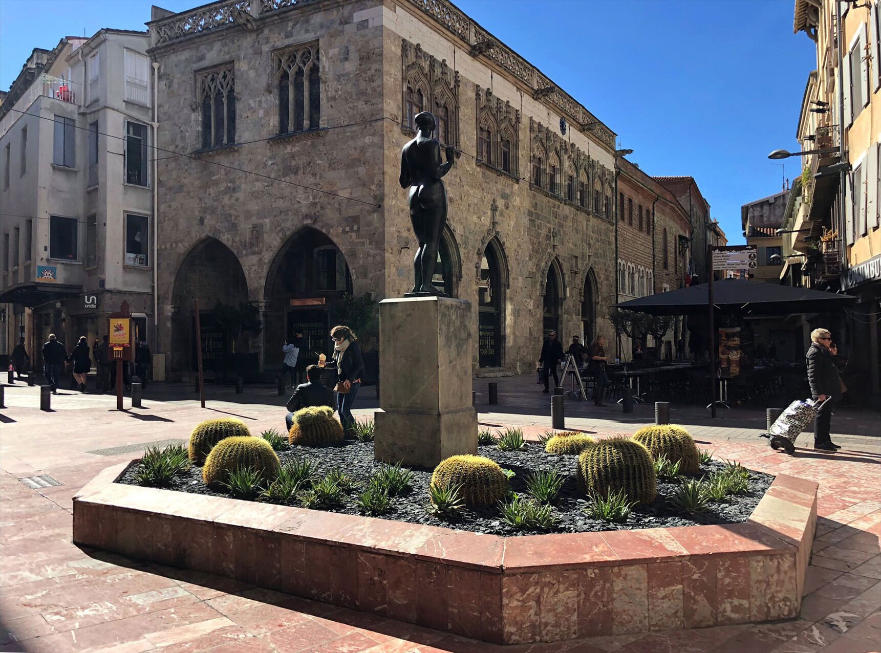 Uma praça pública com uma estátua, cactos e edifícios históricos.