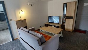 A modern living room with a grey sofa, a wooden coffee table, a flat-screen TV, a lamp, and a wardrobe. -  in the village of Lapoutroie 10 km from Kaysersberg (Lapoutroie)