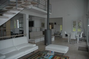 Télévision, cheminée, lecteur de DVD, baby-foot