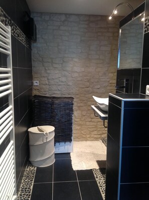 Douche, séchoir à cheveux, serviettes fournies, savon