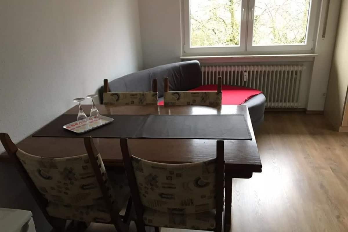 A dining area with a table and chairs, a radiator, and a window with a view of greenery.