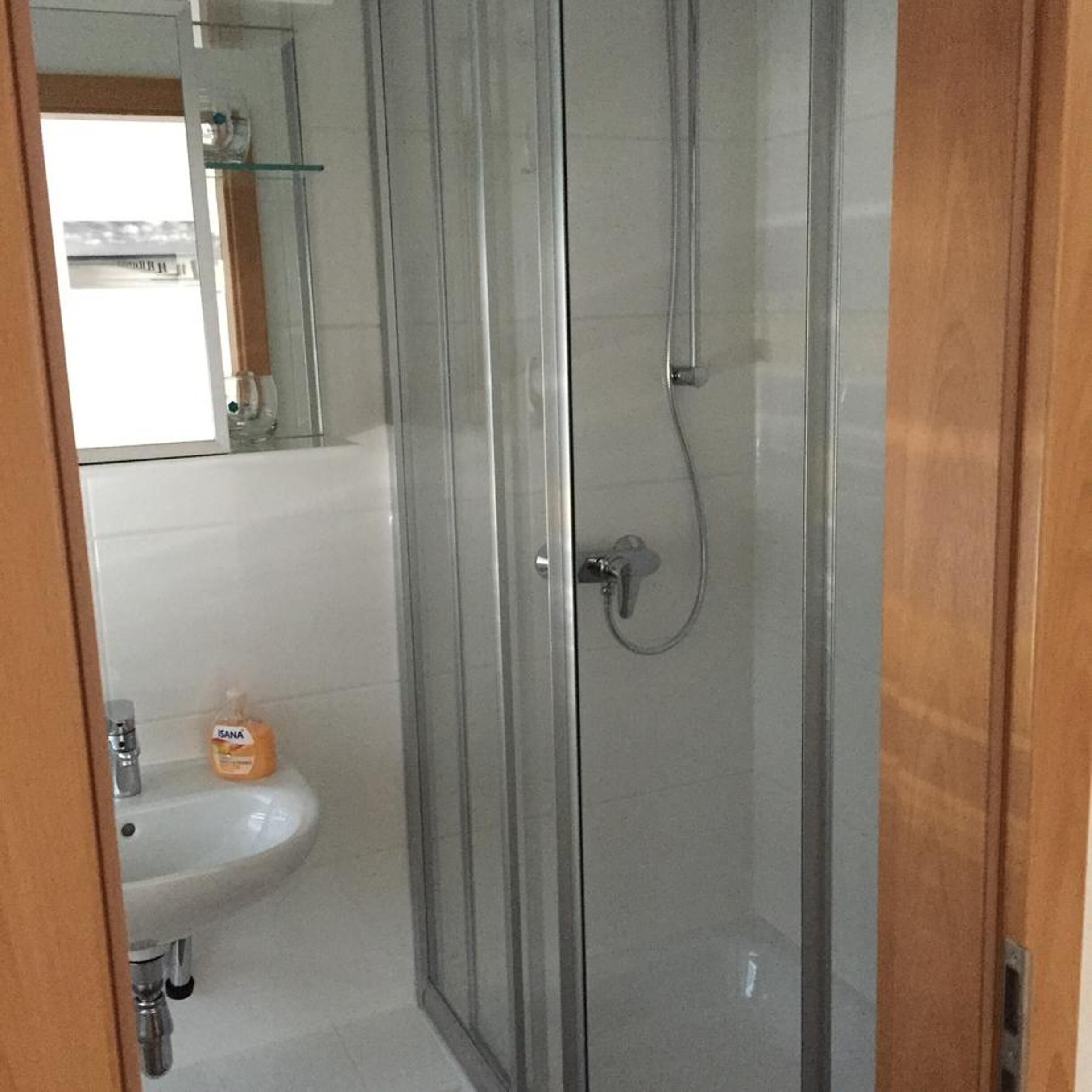 A bathroom with a glass shower enclosure, a sink, and a mirror.