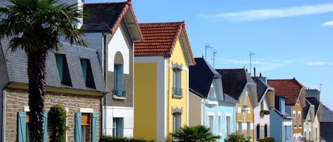 A row of colorful houses with sloped roofs and shutters, a palm tree, and a clear blue sky.