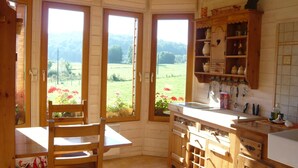 A corner kitchen with wooden cabinets, a sink, and a window overlooking a green landscape.