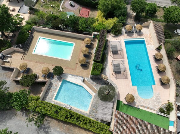 Outdoor pool, a heated pool - Stone cottage, fireplace, swimming pools, playground, enclosed park with trees (Joyeuse)