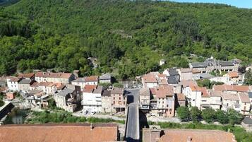 Une ville dotée de bâtiments historiques, traversée par une rivière, avec une colline boisée en arrière-plan.