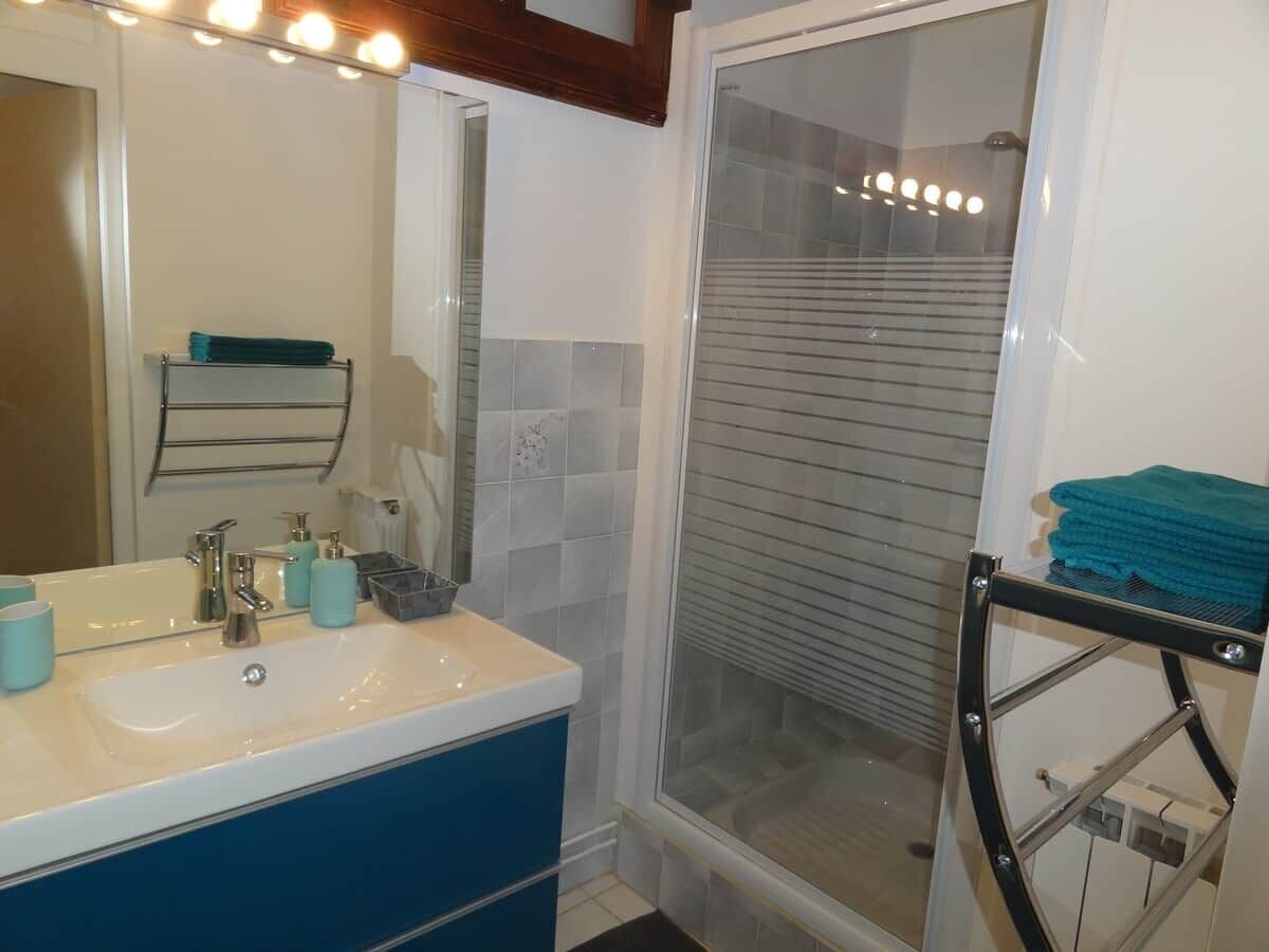 Shower, hair dryer, towels, toilet paper