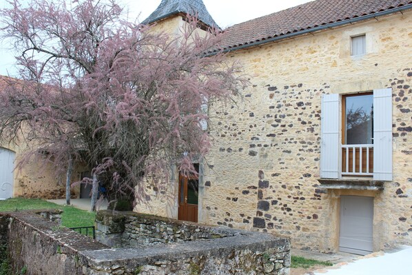 A stone building with a wooden door and a window with shutters.