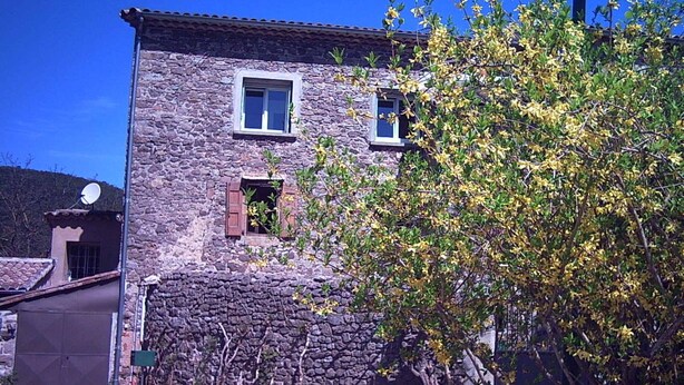 Un edificio de piedra con dos ventanas, una antena parabólica y un árbol con flores amarillas.