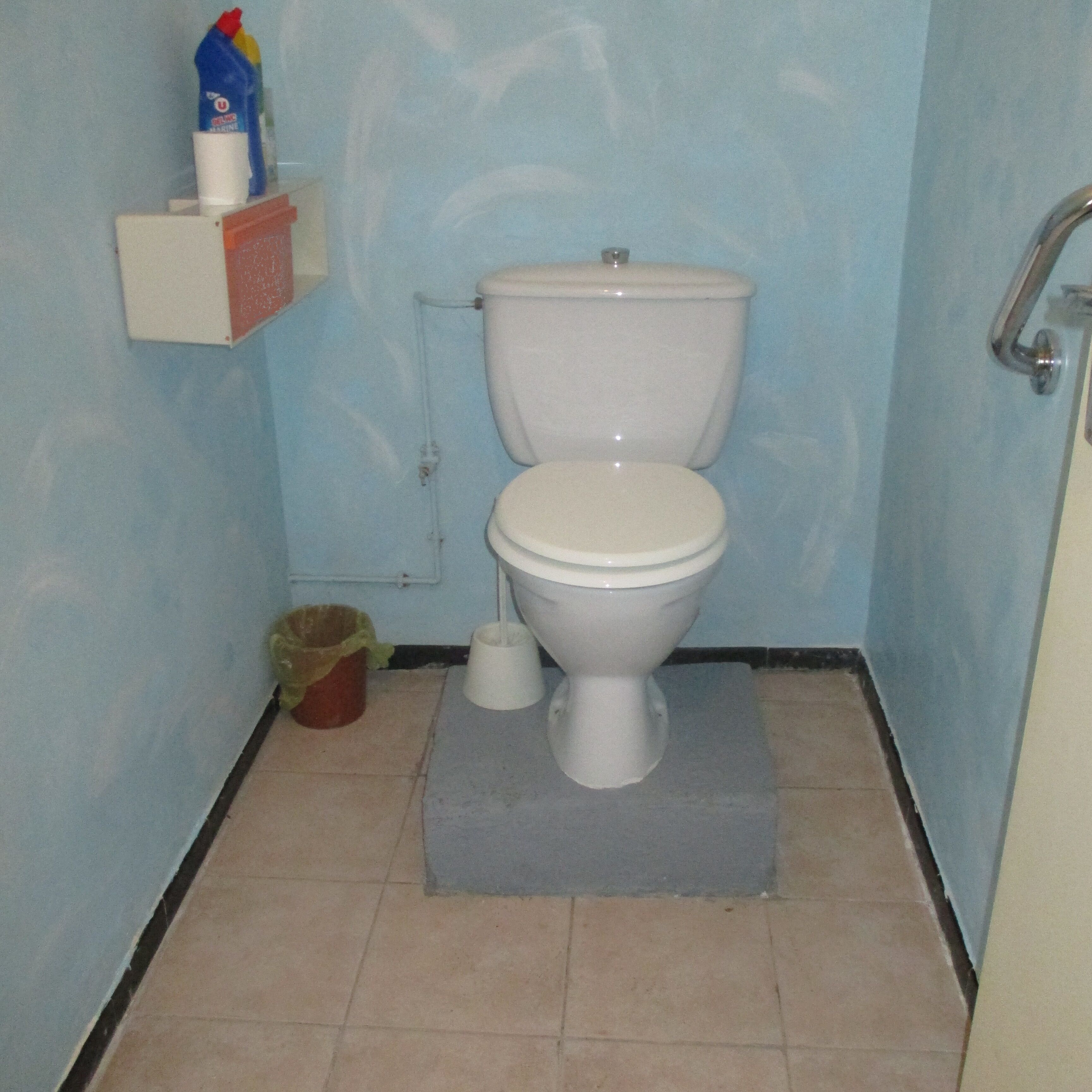 Un baño pequeño con inodoro, un bote de basura y un estante con productos de limpieza.