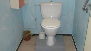 Un baño pequeño con inodoro, un bote de basura y un estante con productos de limpieza.