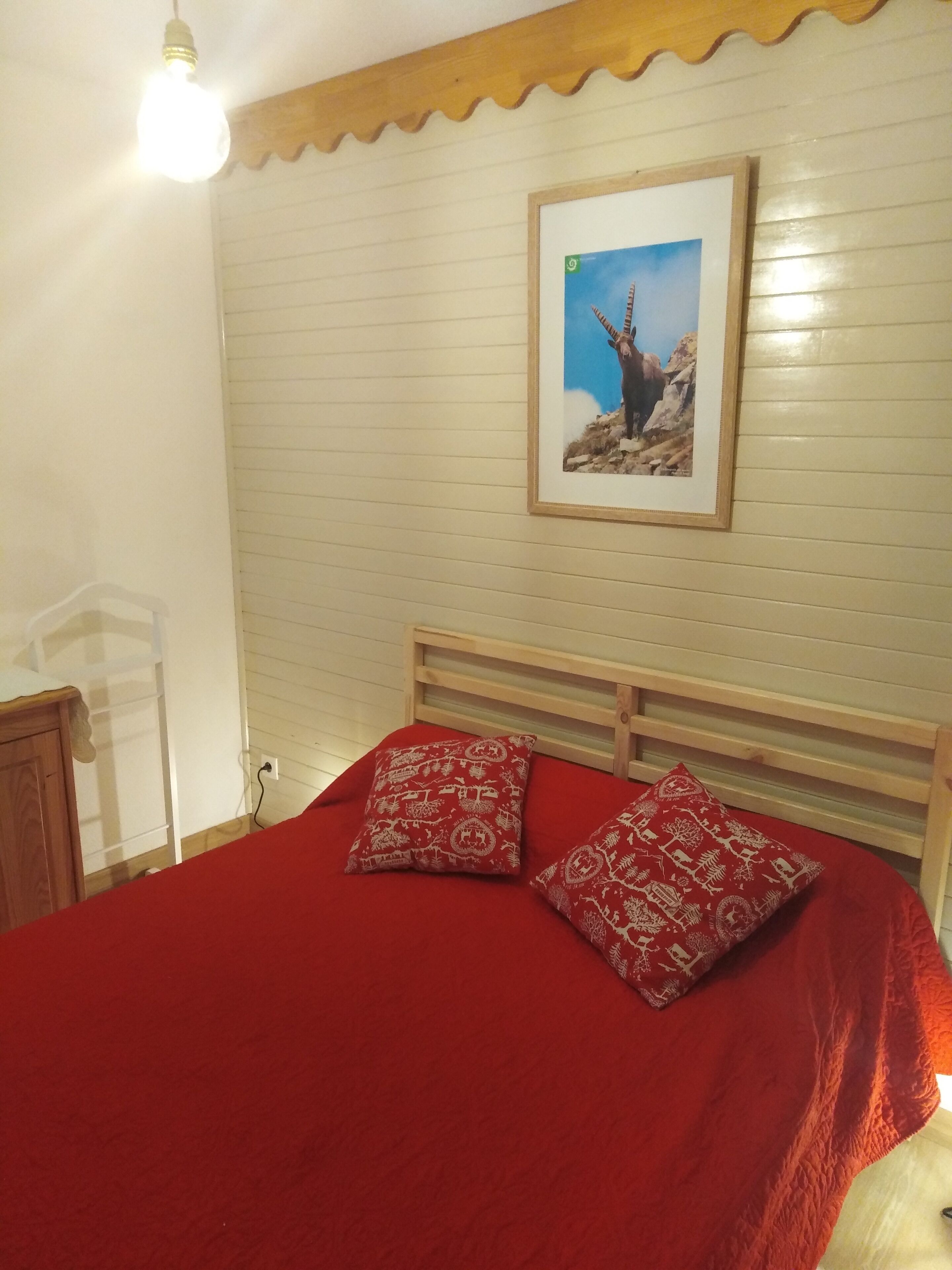 Un lit avec une couverture rouge et deux coussins à motifs, une tête de lit en bois, un tableau encadré au mur et un luminaire au-dessus du lit.
