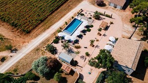 Vue aérienne d’une propriété dotée d’une piscine, d’un espace salon extérieur et d’un jardin.
