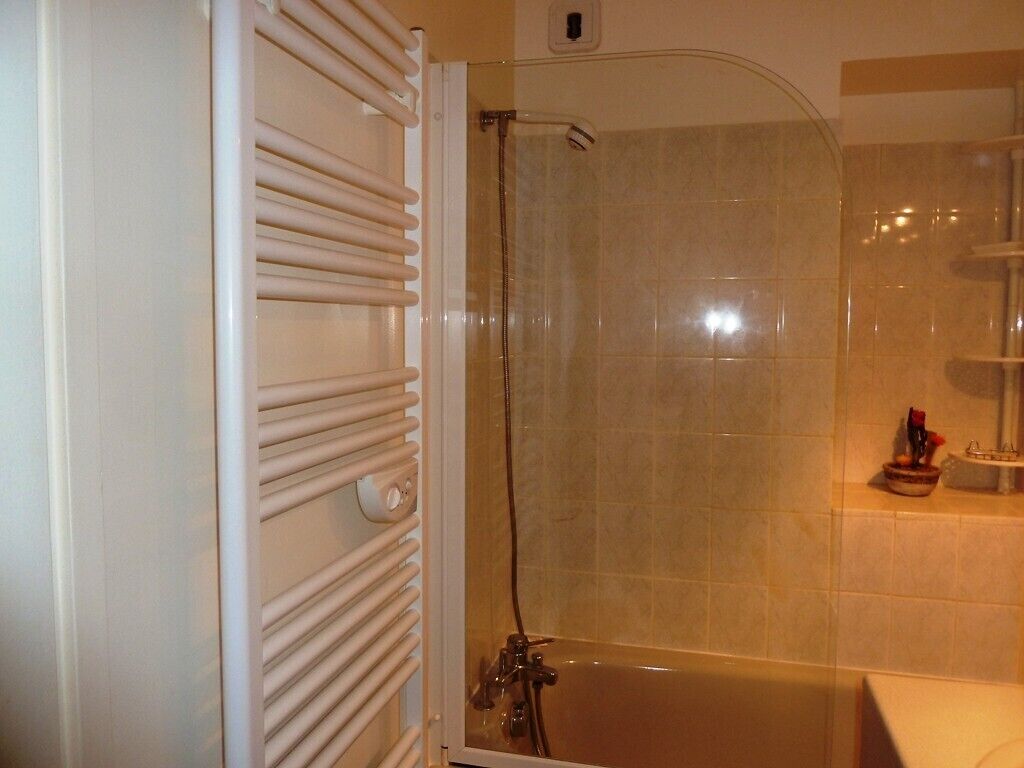 Un baño con ducha de vidrio, un radiador blanco y pared de azulejos.