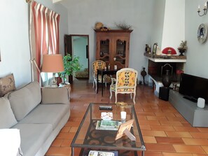 Smart TV, lareira, DVD player, livros