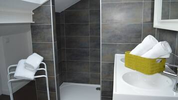 Hair dryer, towels, soap, toilet paper