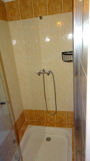 Regadera, secadora de cabello, papel de baño 