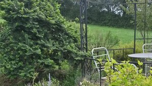 Een tuin met een metalen pergola, een tafel en stoelen.