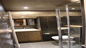 Combined shower/tub, hair dryer, towels, soap