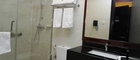 Un baño con ducha separada por vidrio, inodoro, lavamanos y espejo.