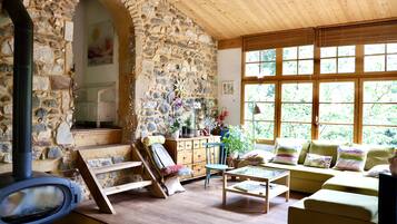 Televisión, chimenea, reproductor de DVD y tenis de mesa