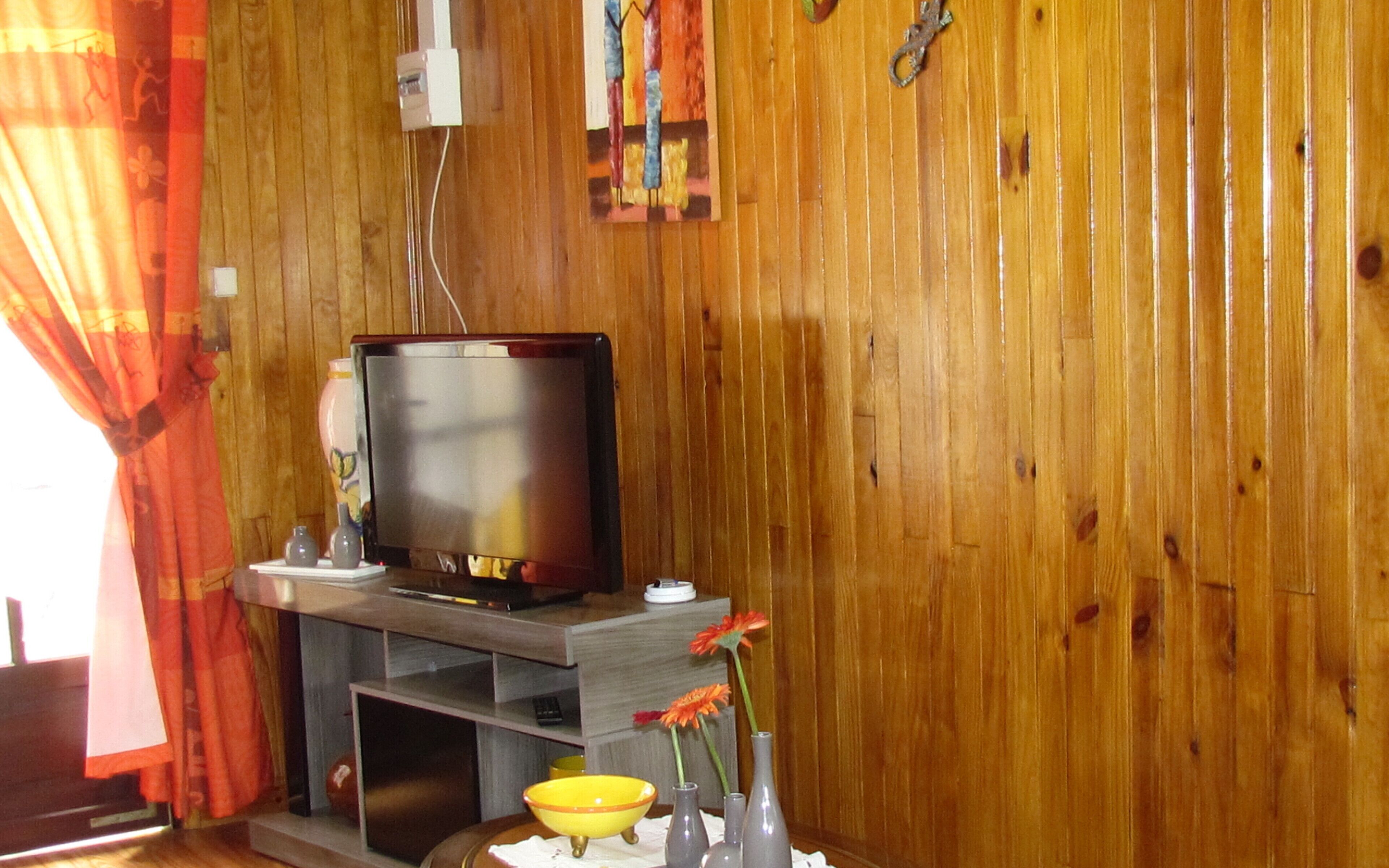 Ein Zimmer mit Holzwänden, einem Fernseher auf einem Tisch, einer gelben Schüssel und einer Blumenvase.