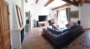 TV connectée, cheminée, lecteur de DVD, chaîne hi-fi