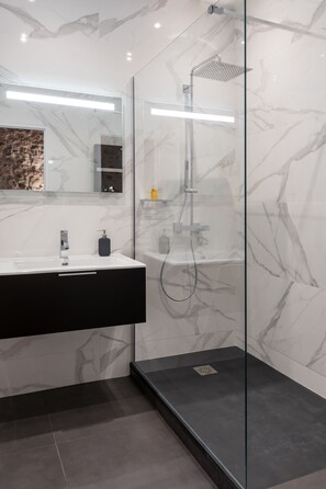 Shower, hair dryer, towels, soap