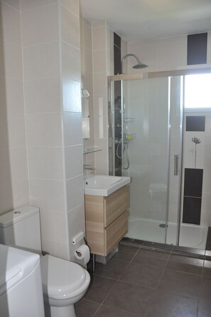 Shower, hair dryer, towels, shampoo