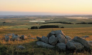 A rural landscape with rolling hills, a pond, and a stone wall in the foreground.