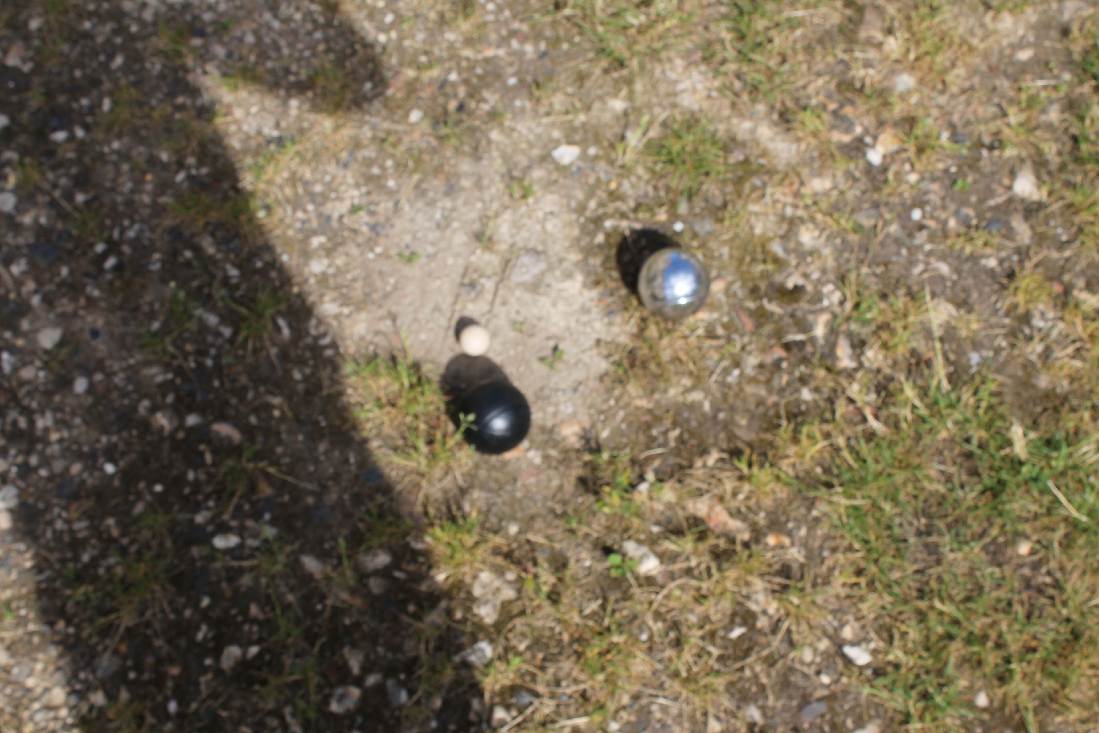 A top-down view of a grassy area with two black objects on the ground.