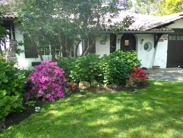 Una casa con techo de tejas, un jardín con diversas plantas y un acceso pavimentado.