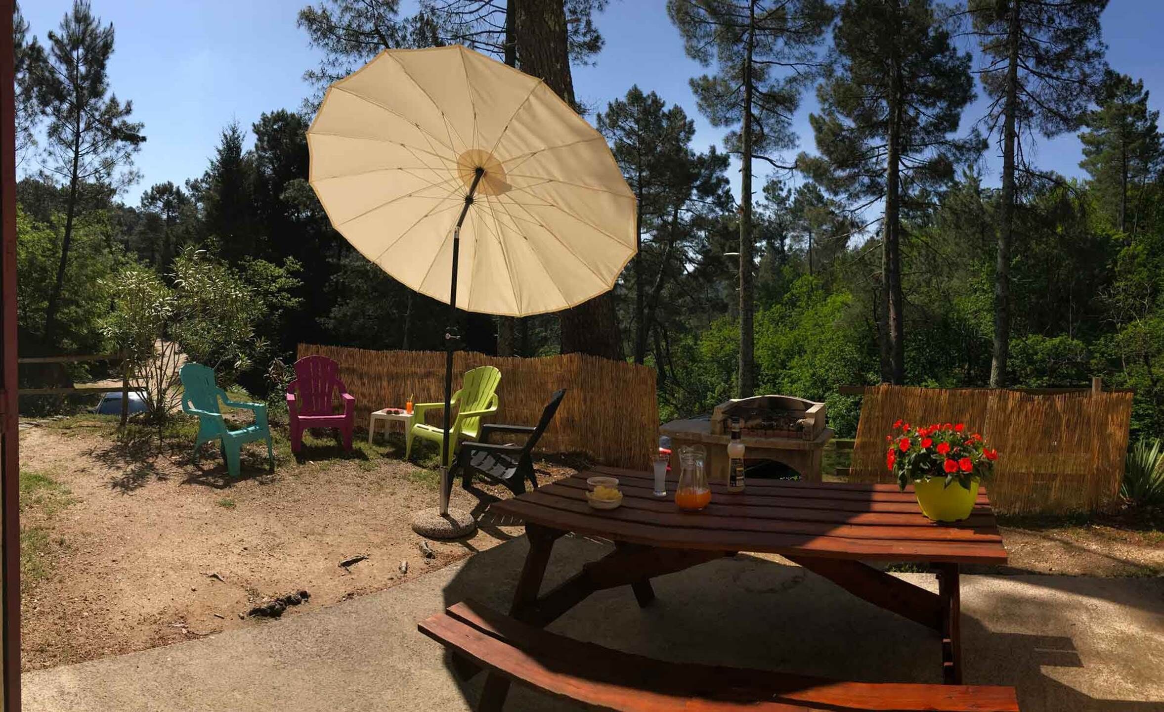 A wooden picnic table with a large umbrella, surrounded by colorful chairs and a small table with drinks and snacks.